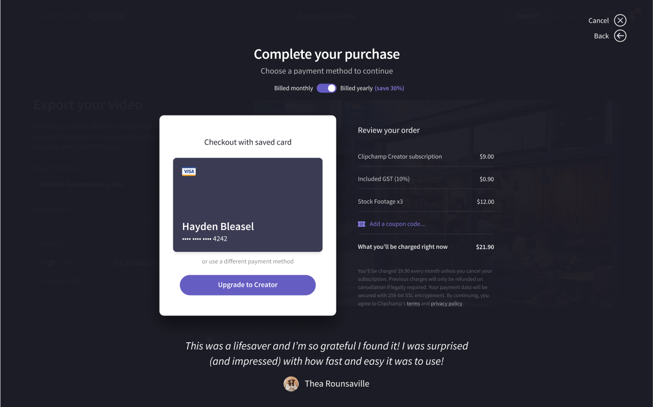 The new checkout, with a saved card beside an itemized order, a coupon link and a customer quote.