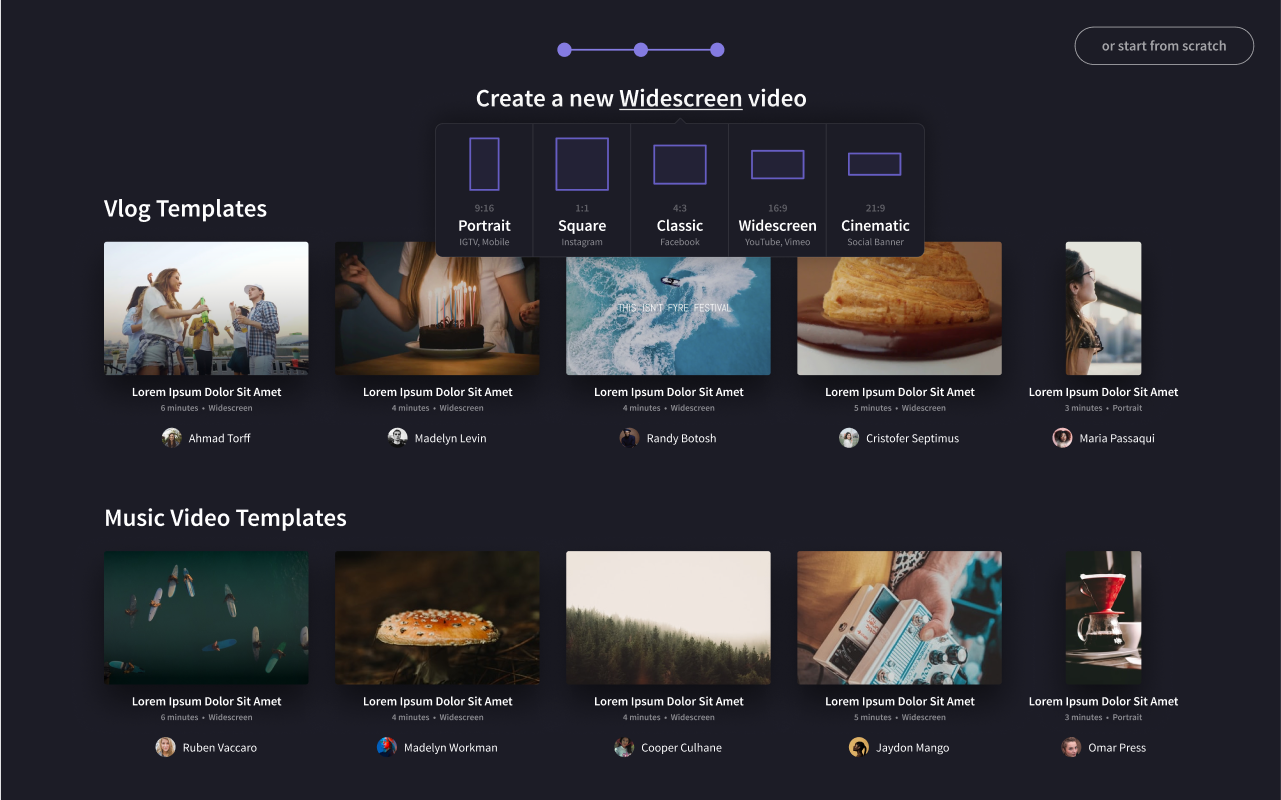 The new flow, with formats like Portrait and Widescreen described by where they’d be posted, above rows of templates.