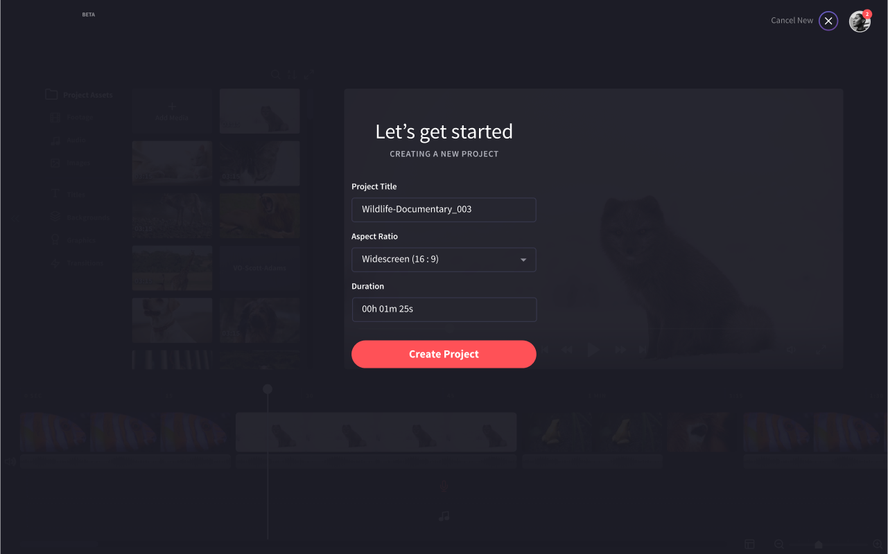 The old new-project modal, asking for a title, aspect ratio and duration.