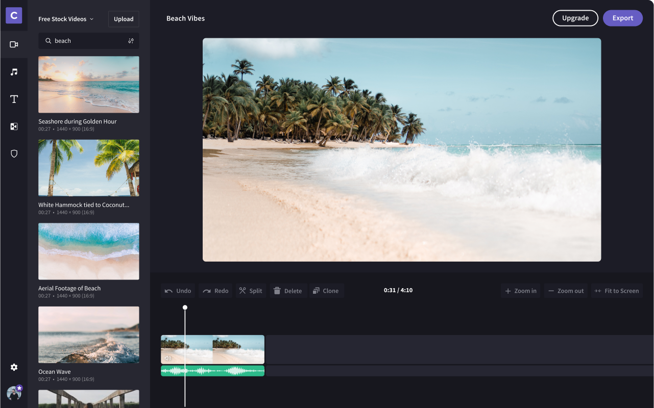 The redesigned editor, with a media sidebar and search on the left and editing controls above the timeline.