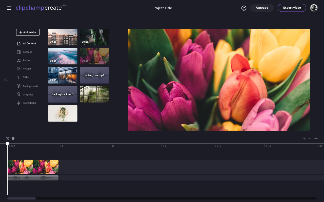 Clipchamp’s original editor, with a media grid on the left, a large preview on the right and the timeline below.