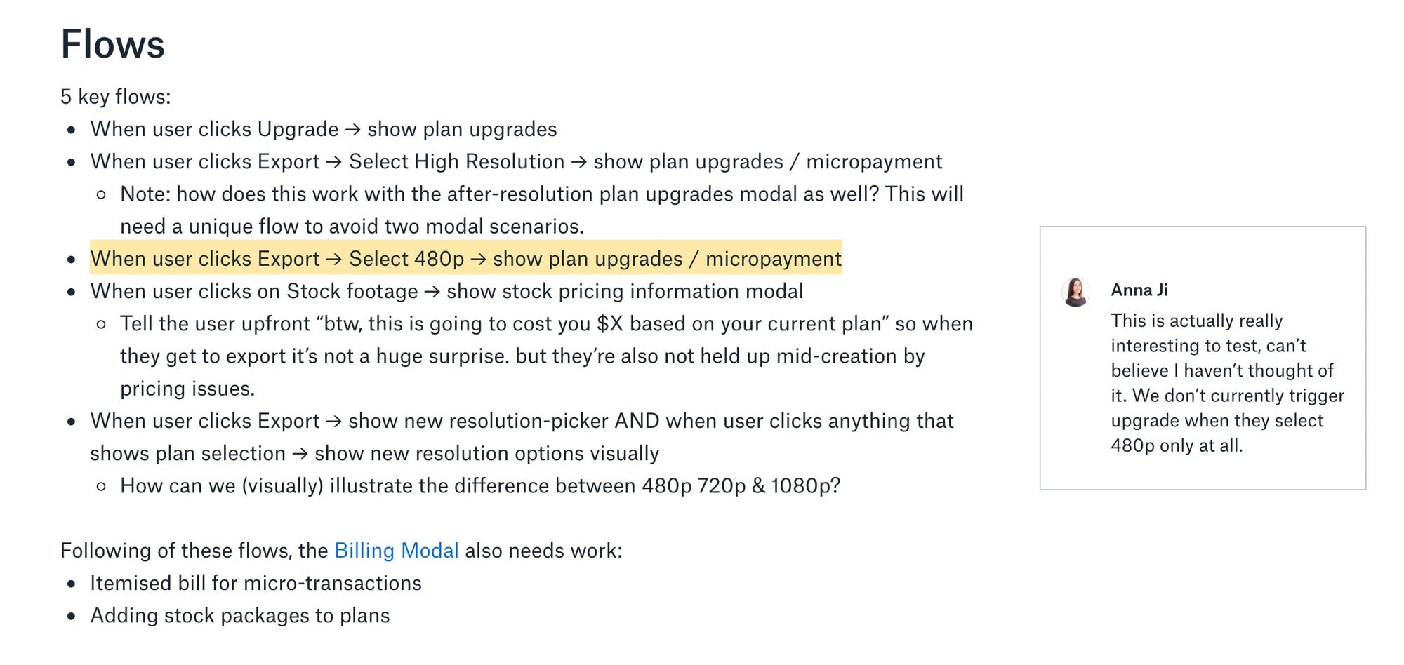 Notes from the pricing flows doc, with Anna’s comment that a 480p export never triggered an upgrade.