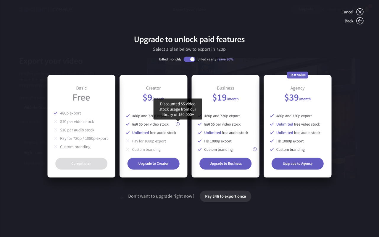 The new plans screen, with Basic, Creator, Business and Agency plans, a monthly or yearly toggle and a one-off export below.
