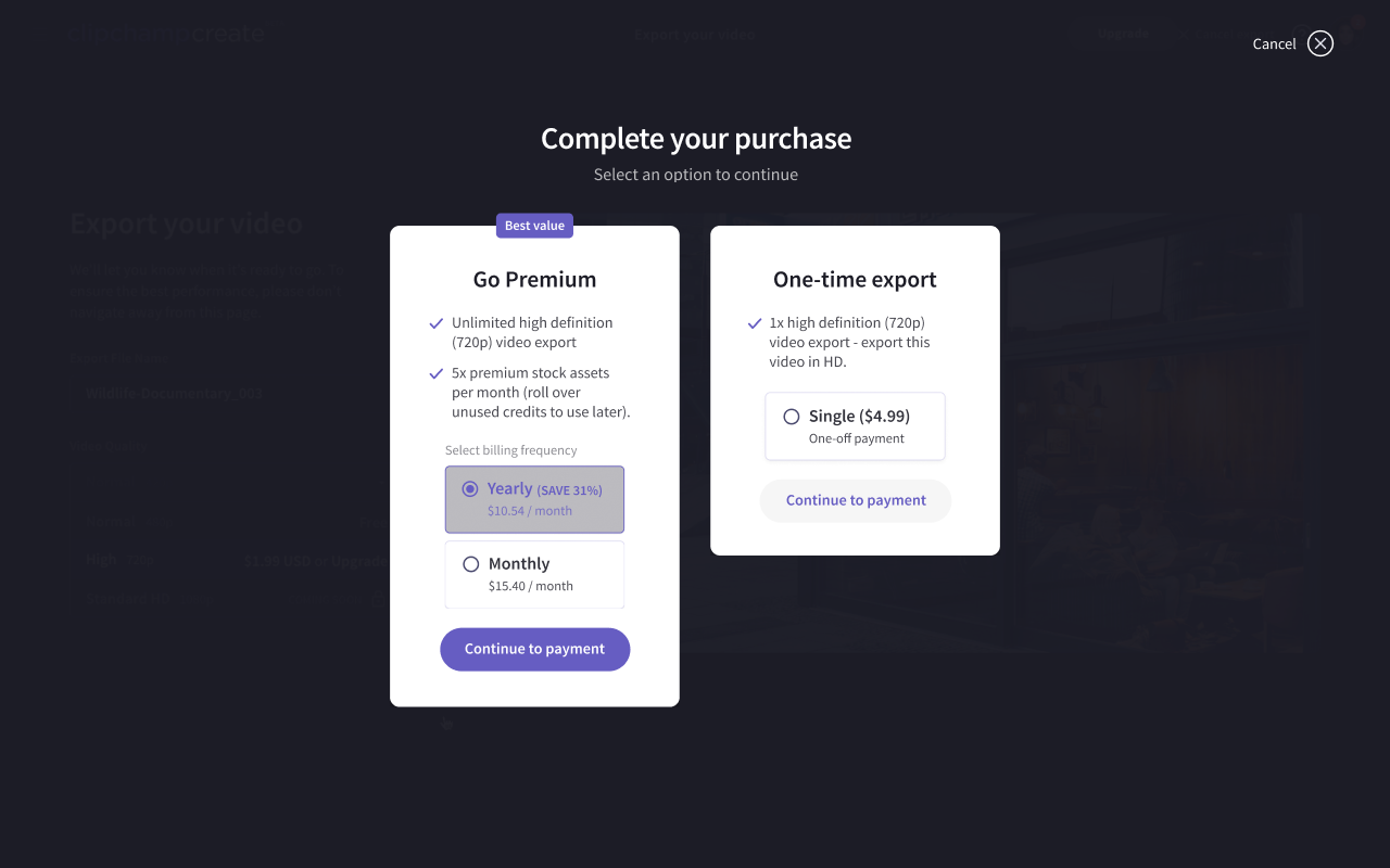 The old purchase screen, with a single Premium plan beside a one-time export.