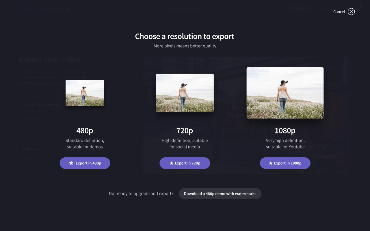 The new export screen, showing 480p, 720p and 1080p as different-sized thumbnails, with an option to download a watermarked 480p demo.
