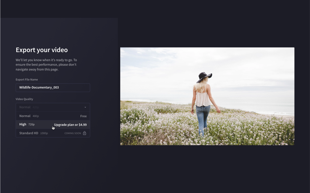 The old export screen, where video quality was a dropdown mixing free, paid and coming-soon options.